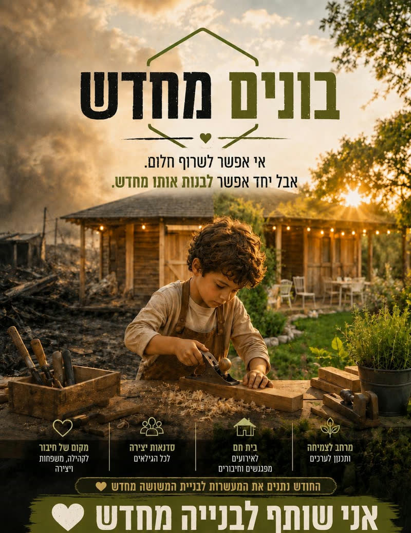 בונים מחדש — אי אפשר לשרוף חלום, אבל יחד אפשר לבנות אותו מחדש. ילד מעבד עץ על רקע המבנה